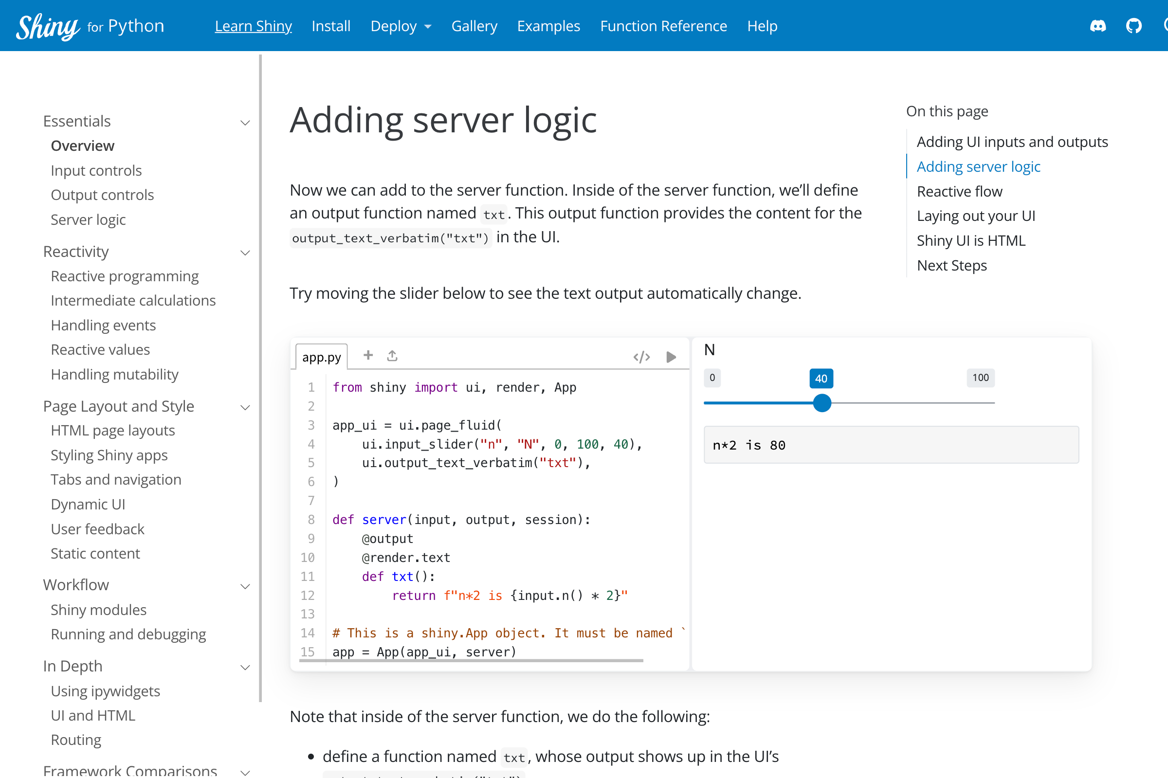 A tutorial page, featuring text plus an editor pane and Shiny app preview