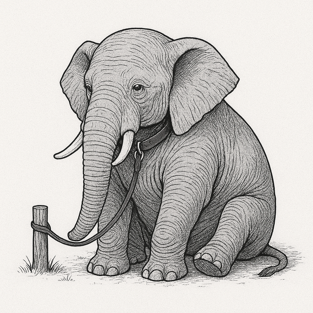 A sitting elephant, with a leash tied to a stake