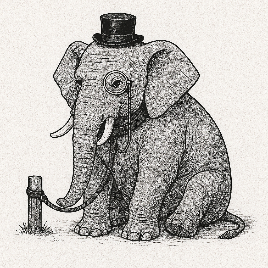 The same elephant, with a top hat and monocle