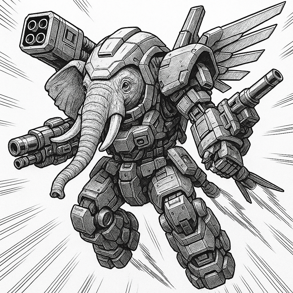 An elephant in a mech suit, bristling with weapons